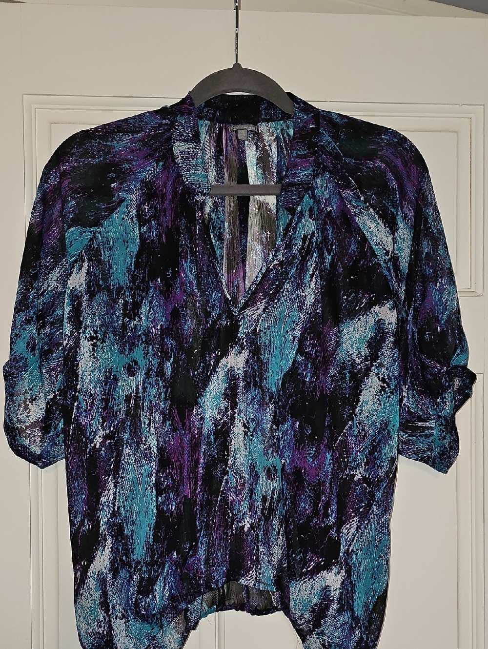 Charlotte Russe Abstract Teal & Purple V-Neck Blouse